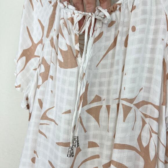 Jane + Delancy Palm Leaf  Flutter Short Sleeve Blouse Large White Tan Coastal - Picture 7 of 7